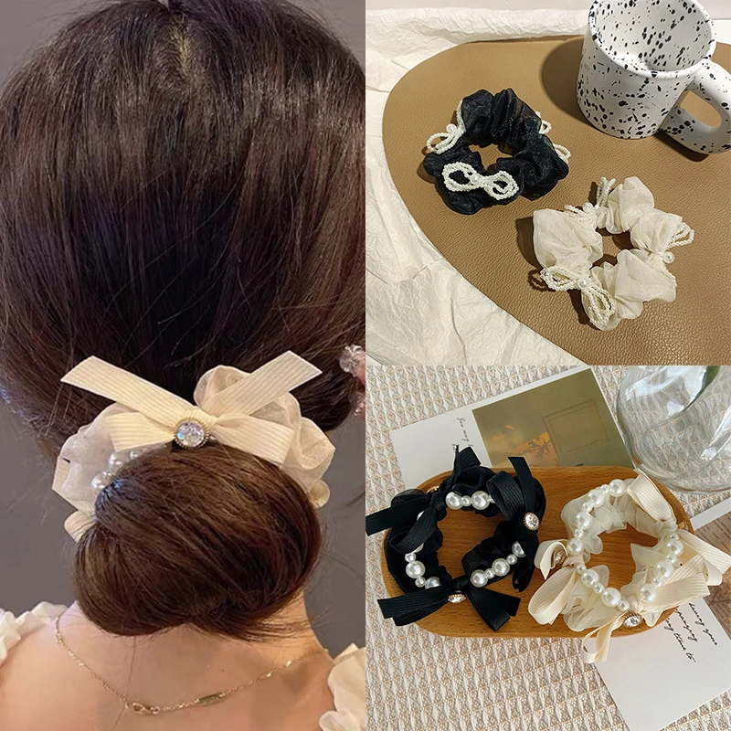 

Black White Woman Elegant Pearls Hair Ties Girls Scrunchies Beads Rubber Band Ponytail Holder Hair Accessories Elastic Hair Band