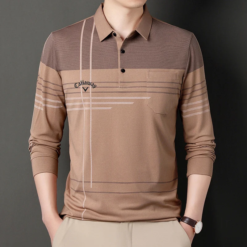 Spring/Autumn New Men's Golf Clothing Lapel Long Sleeve Middle-aged POLO Shirt Striped Casual Jacket