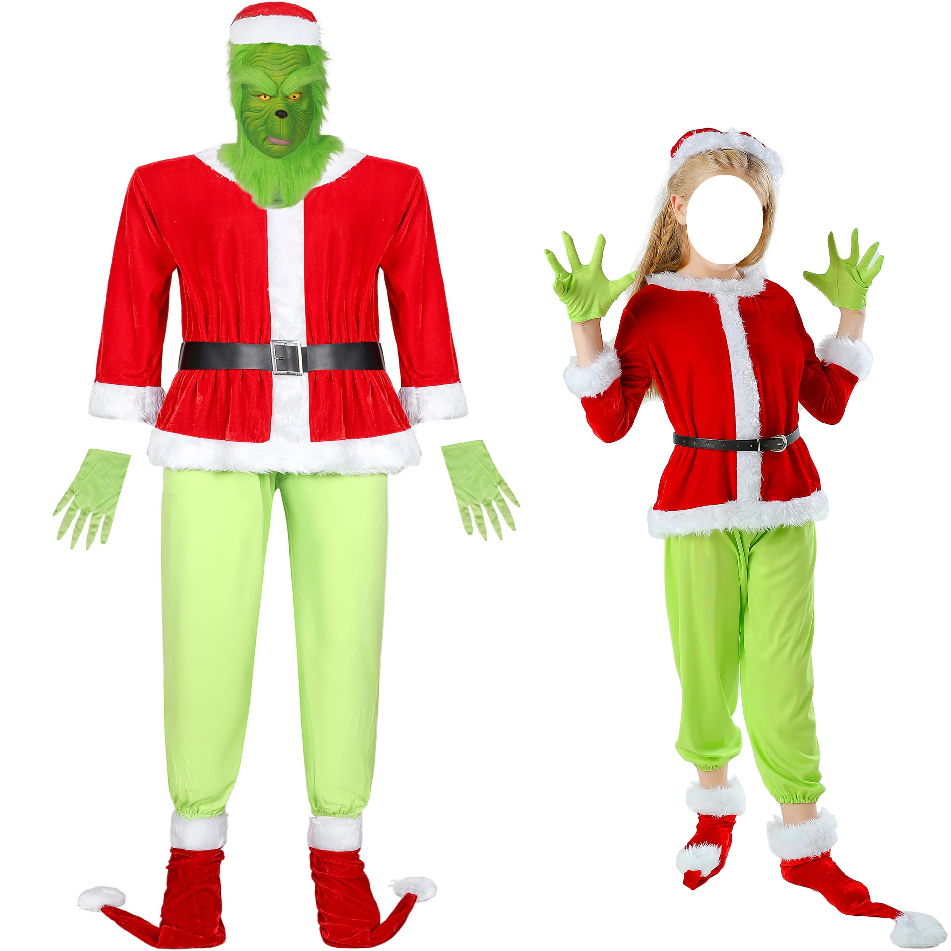 

Christmas Green Fur Monster Santa Claus Cosplay Red Coat Hat Full Set Monsters Costume Audlt Kids for Halloween Role Play Party