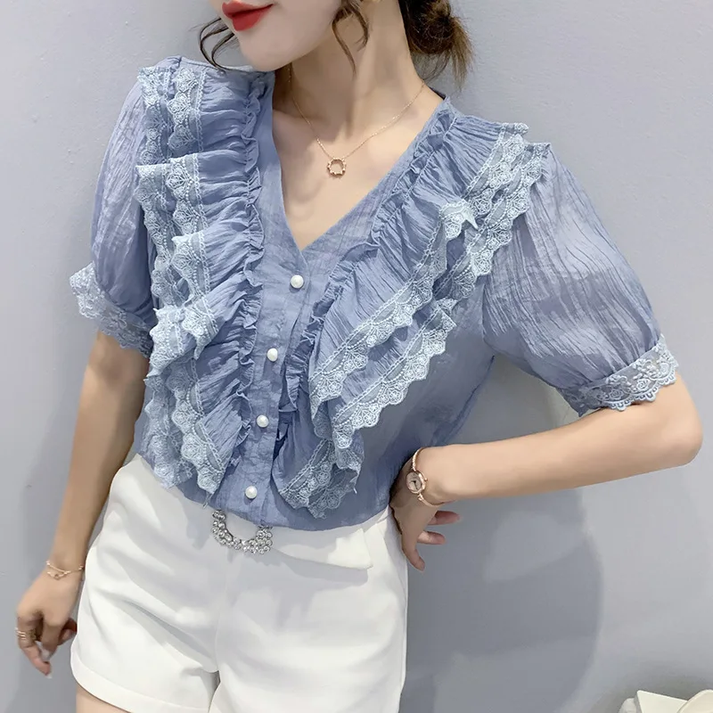 

Temperament V-neck Lace Stitching Ruffled Shirt Women's 2022 Spring and Summer New Western Style Short-sleeved Top