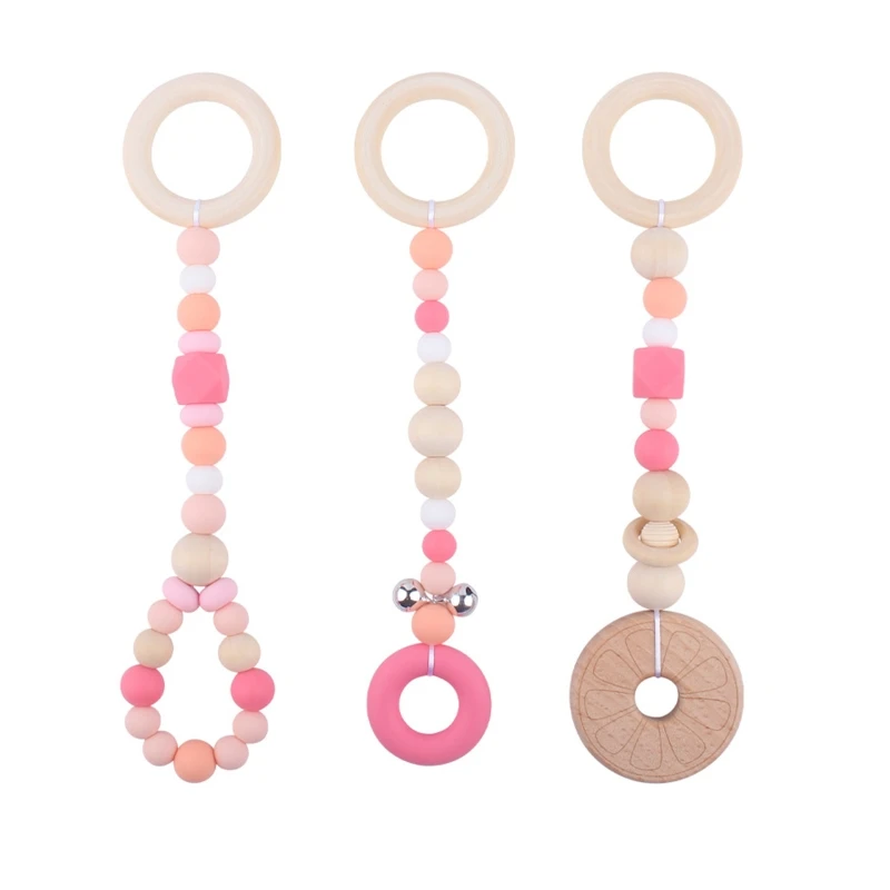 

Q6PD 3Pcs/Set Baby Gym Frame Stroller Hanging Pendants Wooden Ring Teether Molar