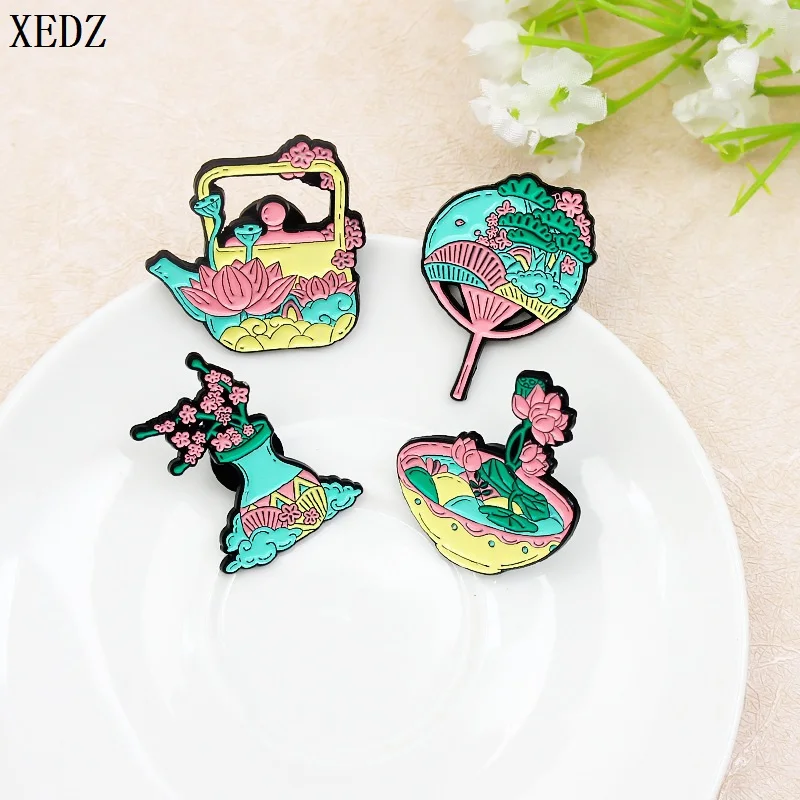 

XEDZ Chinese Ladies Enamel Pin Custom Lotus Plum Teapot Bowl Brooch Badge Lapel Pin Jewelry Gifts for Friends
