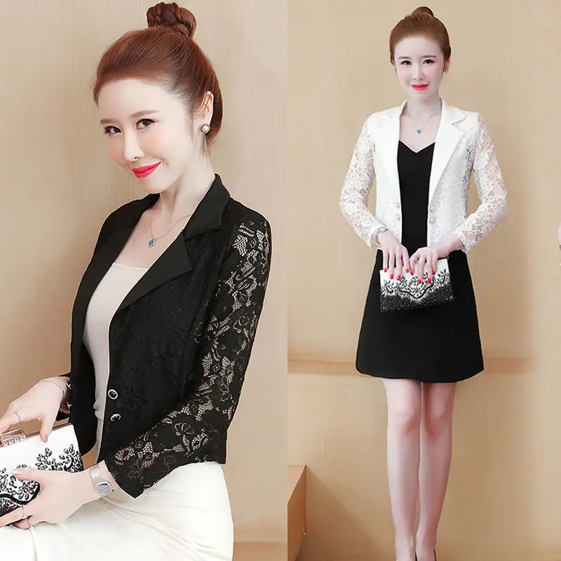 

Spring Summer Women Long Sleeve Sun Protection Clothing Short Hollow Lace Slim Shawl Office Ladies Work Wear E101