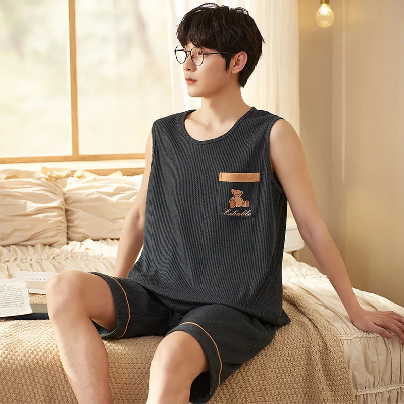 New Design Men Summer Pyjamas Sleevelss Cotton Eco Friendly Fabric Casual Homewear Male Pajama Sets