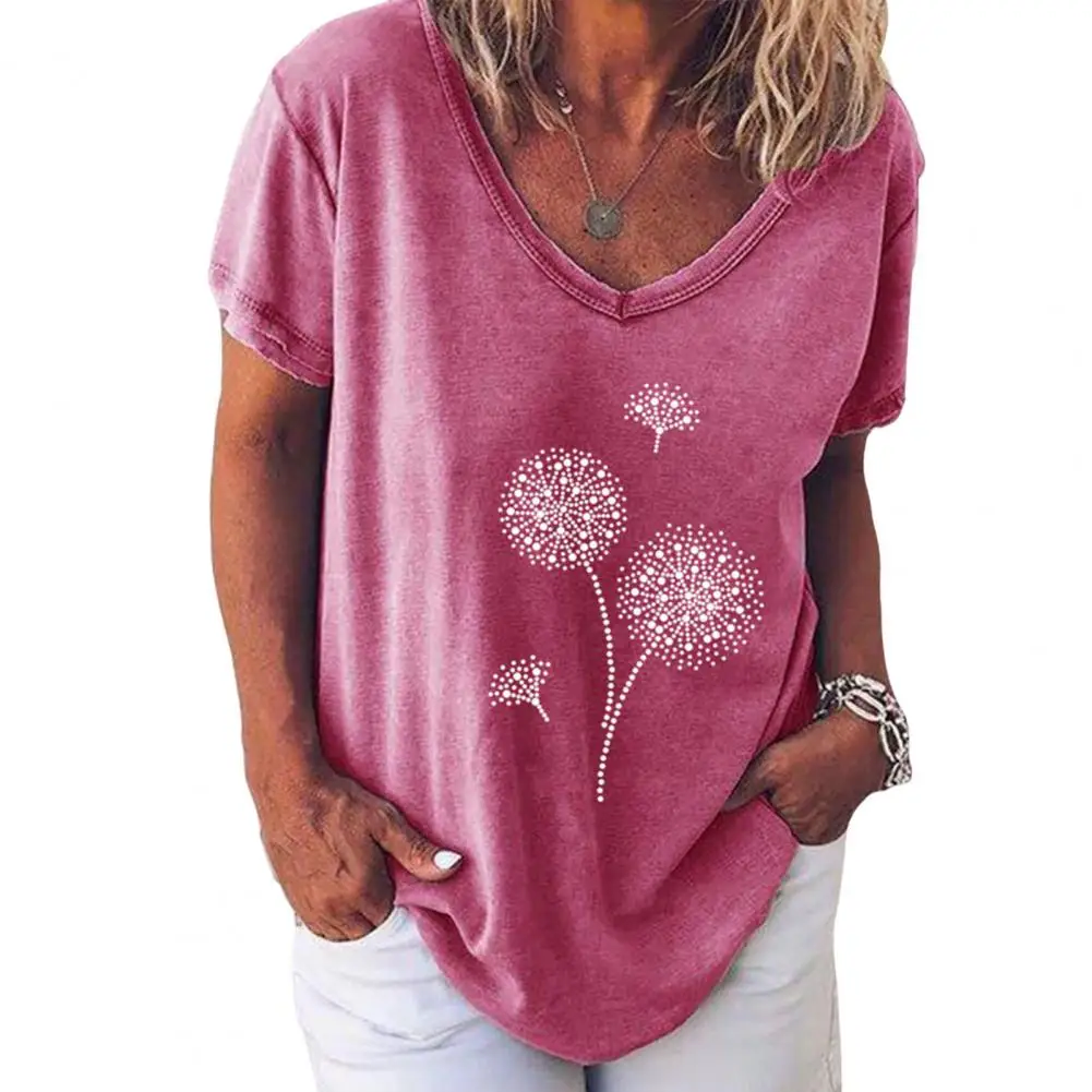 

V-neck Short Sleeve Thin Women T-shirt Sweat Absorbing Breathable Summer Dandelion Print Loose Tee Shirt Daily Garment
