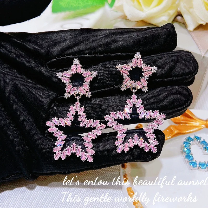 

European Fashion Fine New Woman Girl Bride Mother Party Birthday Wedding Gift Pink Star AAA Zircon 18KT White Gold Stud Earrings