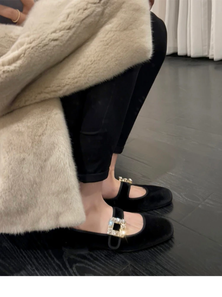 Corium Shoes Mary Jeans Woman Velvet Med-High HeelsandFlats Heeled Loafers Crystal Leather Belt Strap Ballets Femme Chaussure
