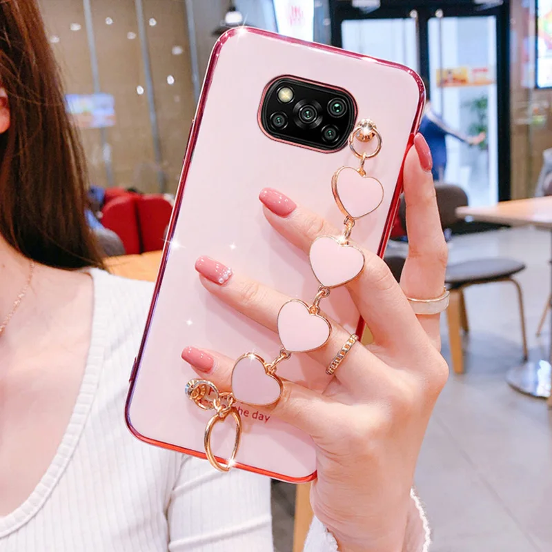 For Mi POCO X3Pro X3 X4Pro Case Love Heart Wrist Bracelet For Xiaomi 11Lite 10T 10 10S 11 Plating Cover Redmi Note11 Case Coque
