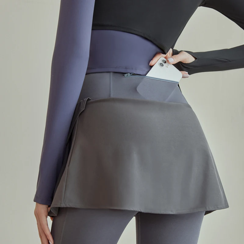 F.DYRAA Fitness Yoga Pants With Skirt Women Fake 2 Piece Sport Legging Gym High Waist Running Exercise Zipper Pocket Tight Pants