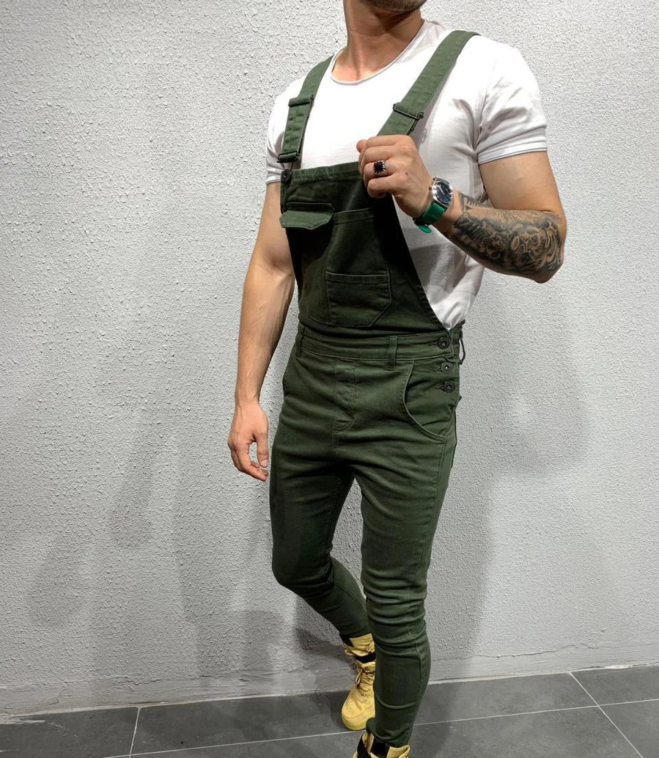 (10% Off 3 Pieces)【Free Shipping】Europe and The United States New Tie-dyed Jeans and Suspenders Slim Slim Men Solid Color Jeans