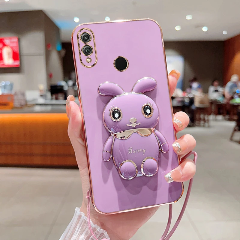 

Cute Cartoon Rabbit Fold Stand For Huawei Honor 8X Max Phone Case With Lanyard Luxury Plating Cover