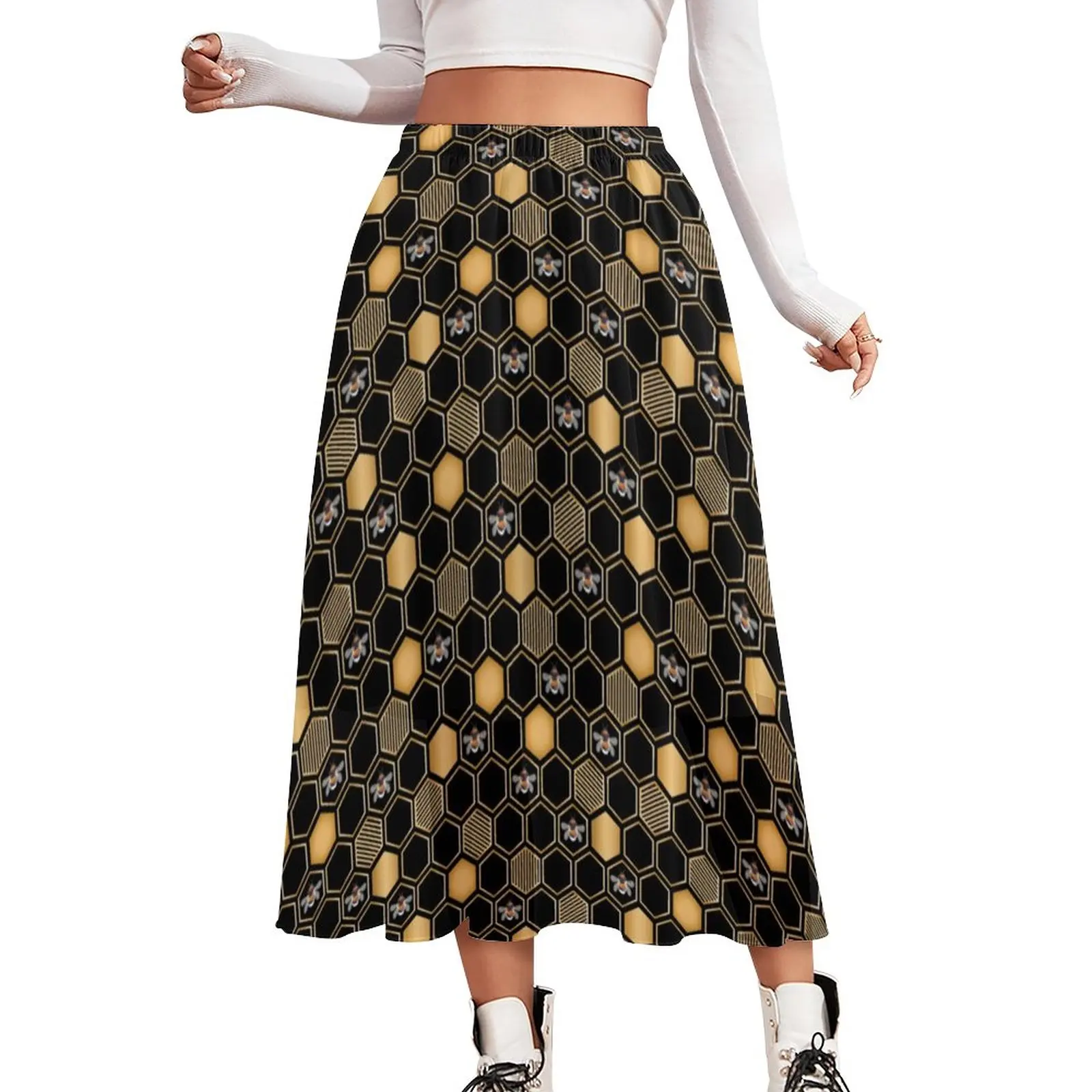 

Bees Print Skirt Honeycomb Geometric Aesthetic Long Skirts Vintage Boho Skirt Womens Printed Oversize Clothing