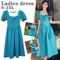 retro court style puff sleeve dress summer girls design elegant dress blue dress ladies niche sense temperament sundress s k2e1