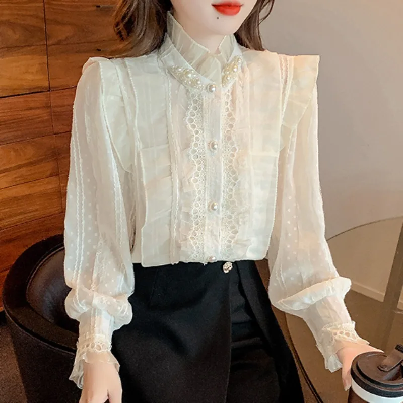 Кружевные женские рубашки и блузки Matakawa однотонные элегантные во французском
