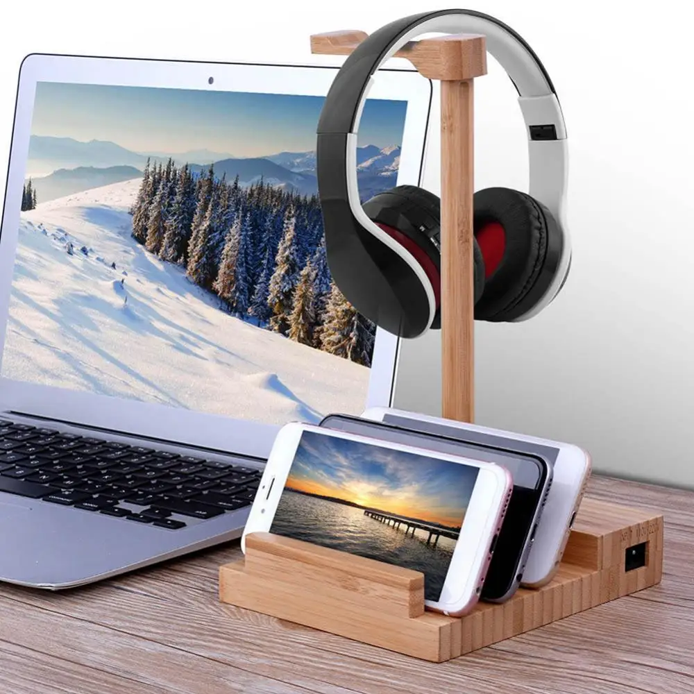 

Wooden Desktop 3 Ports Headset Hanger Storage Rack USB Charging Dock Station