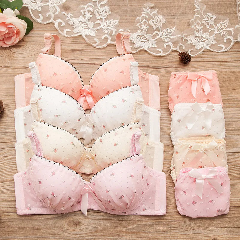 Round Dots and Floral Prints Girl Bra Set Cotton Lace Student Girl Underwear