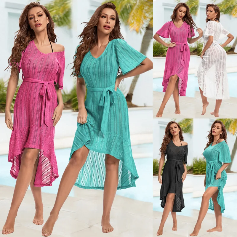 

Bikini Cover Up Dress 2022 Summer New V Neck Sexy Beach Hollow Belt Prom Dresses White Green Black