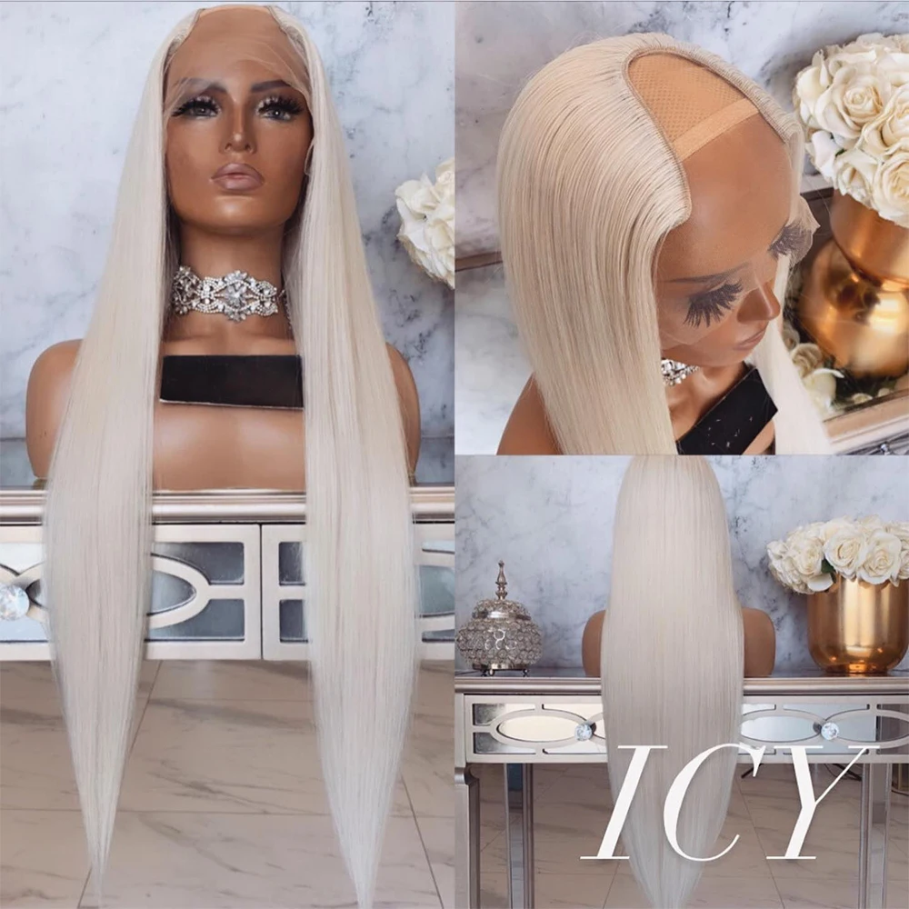 Icy Blonde U Part Wig 2x4 Opening Machine Made Silky Straight Wig Platinum Blonde Virgin Human Hair Wig HD Transparent Lace 200%