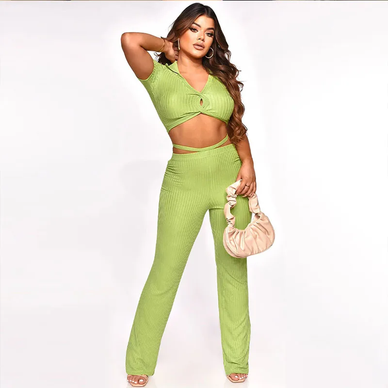 

Однотонный элегантный вязаный комплект из 2 предметов в рубчик Y2K, женская одежда с коротким рукавом и V-образным вырезом, короткий топ и брюки, Клубные подходящие костюмы