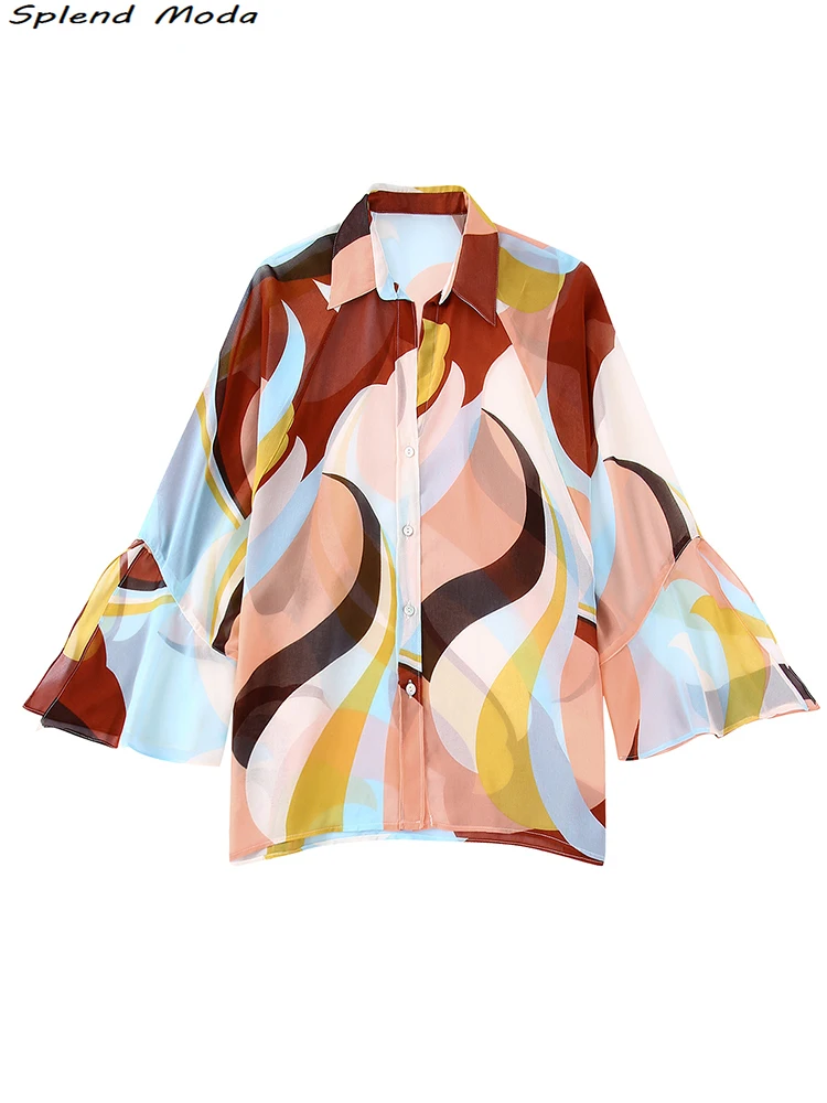 

ZA 2022 Women Spring Autumn Fashion Print Single Breasted Blouses Vintage Lapel Collar Female Casual Shirts Loose Tops Mujer