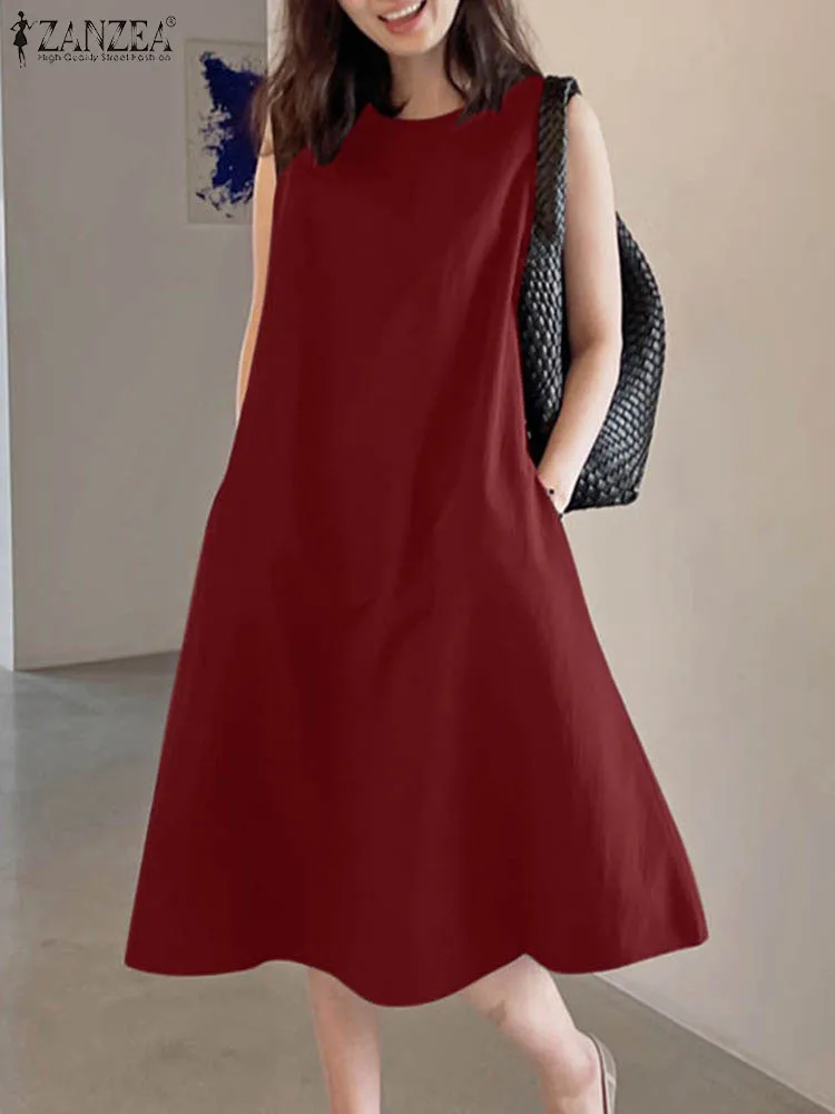 

Платье ZANZEA женское без рукавов, Модный повседневный однотонный элегантный сарафан с круглым вырезом, большие размеры, лето 2023