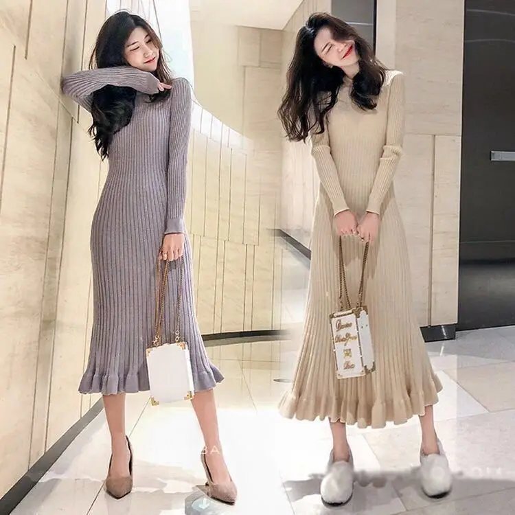 

New knitted flare skirt Korean o-neck long sleeved fishtail skirt women's 2022 autumn and winter retro slim dress