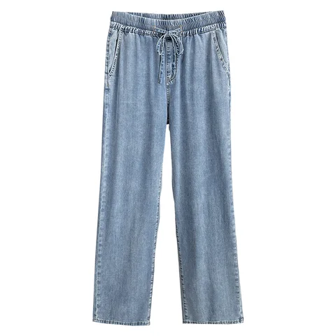 Летние тонкие широкие джинсы больших размеров 100 кг, повседневные джинсы с эластичной резинкой на талии, лиоцелловые прямые брюки для женщин 9365