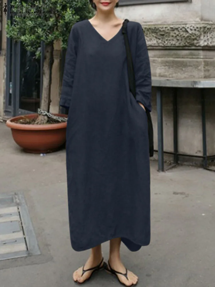 

Новое модное уличное платье ZANZEA, весеннее свободное элегантное пляжное платье, повседневное однотонное платье, сарафан оверсайз с длинным ...