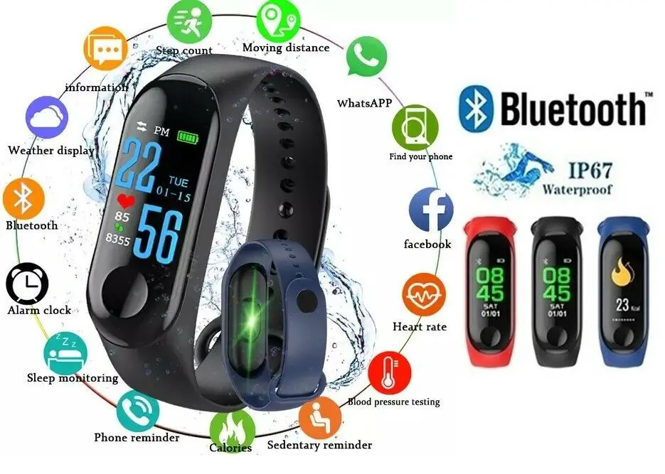 

Smart Band Watch Bracelet Wristband Fitness Tracker Blood Pressure HeartRate M3