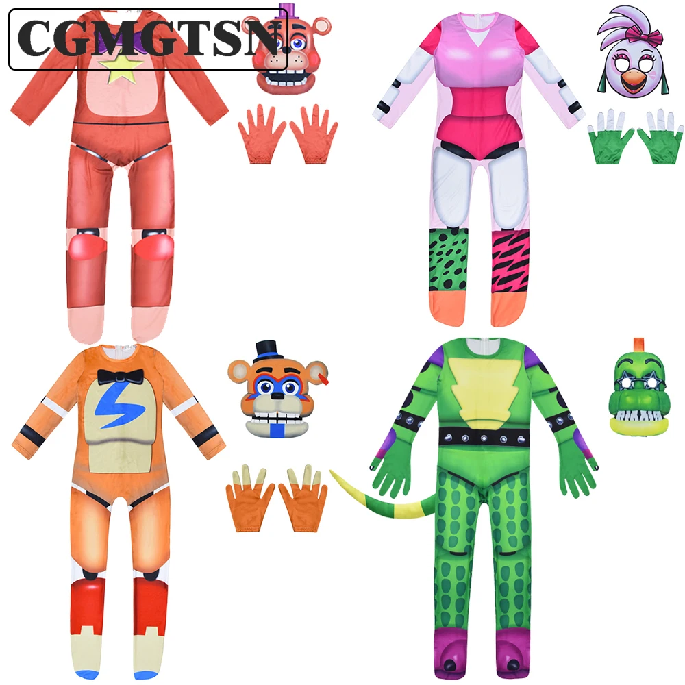 

CGMGTSN Scary Game Five Nights At Freddyed Cosplay Costume Jumpsuit and Mask Fnaf Freddyed Birthday Halloween Suit for Kids