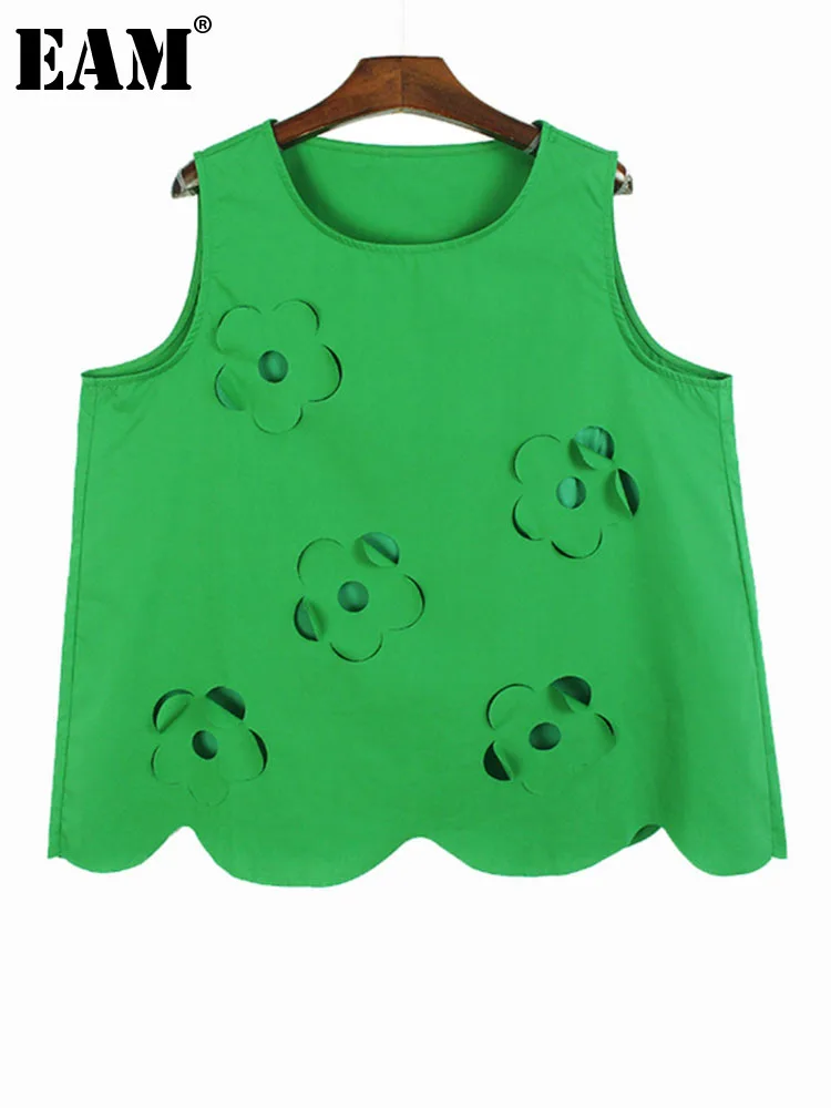

[EAM] Women Black Three-dimensional Flower Cutting T-shirt New Round Neck Sleeveless Loose Fashion Spring Summer 2023 1DF9463