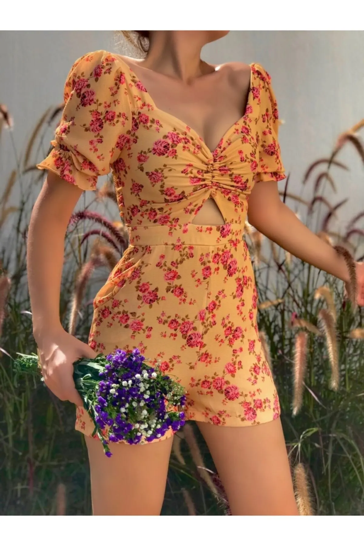 

Women's Overalls Yellow Floral Lined Jumpsuit Hot Style Quality Fabric Sleeveless Baggy Trousers Casual Jumpsuit