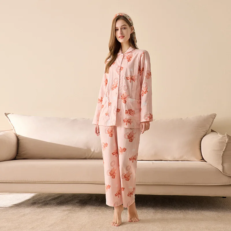 2022 New Summer 40S Double Fiber 100% Cotton Pajamas Sets Women Homewear High Quality Full Sleeve Night Sleep Pants