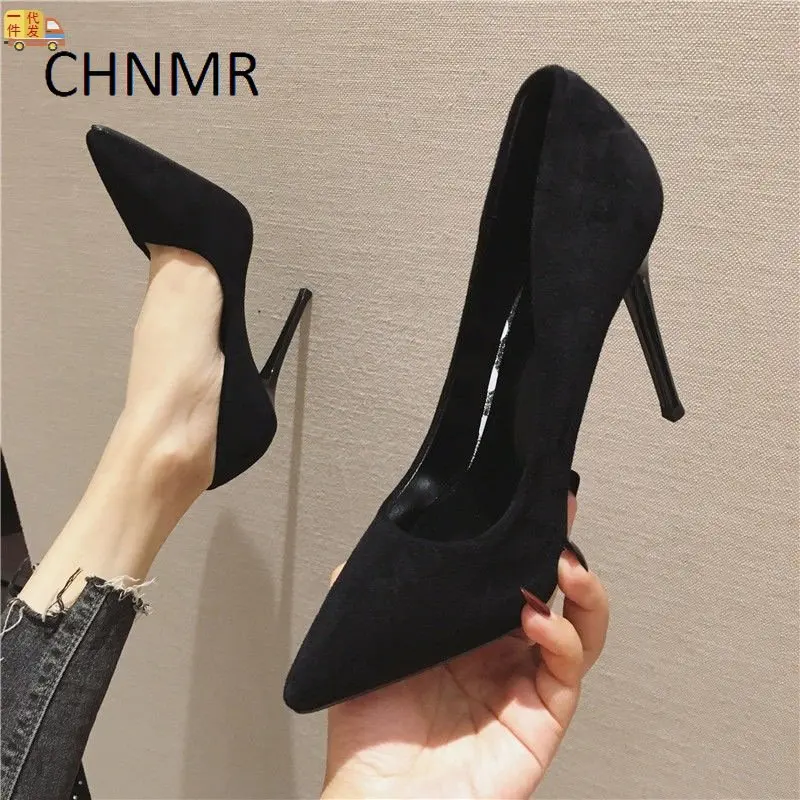 

Женский профессиональный черный деловой наряд, высокотехнологичный тонкий каблук, универсальная замшевая этикетка, одна обувь на весну, средний каблук