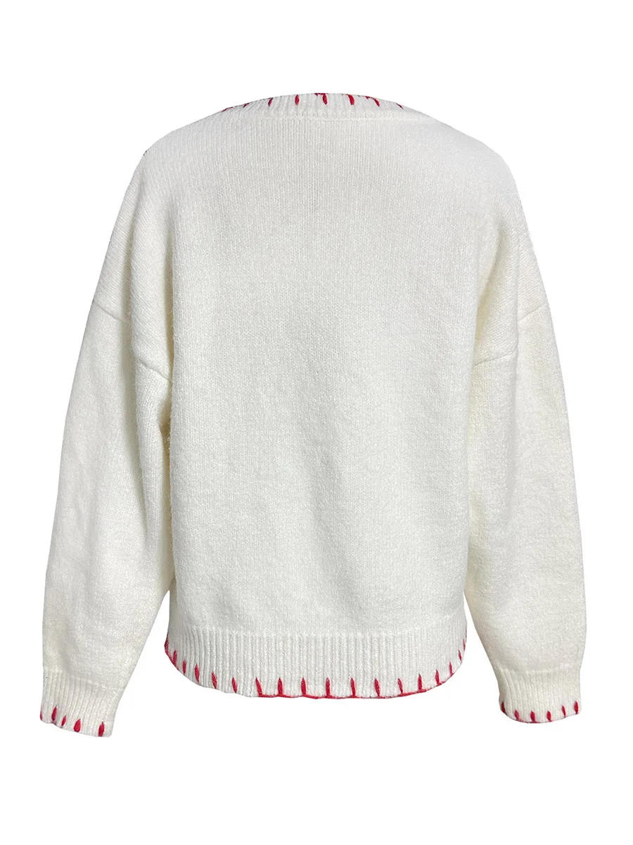 Женский осенний свитер с длинными рукавами и контрастной цветной отделкой в