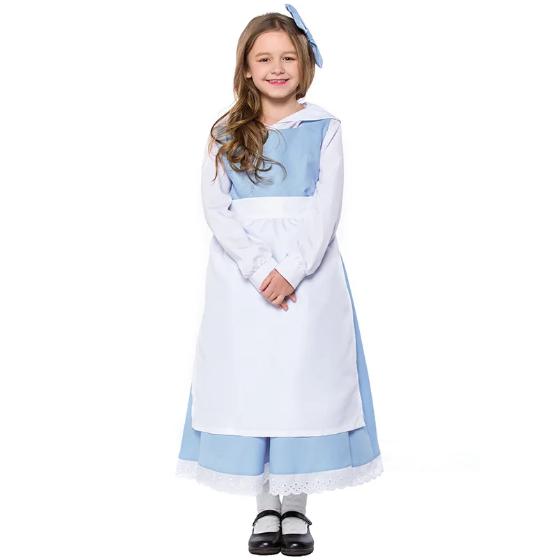 

Teen Kids Girls Beauty Beast Belle Princess Anice Maid Costume White Blue Maid Apron Dress Fancy Uniform For Child