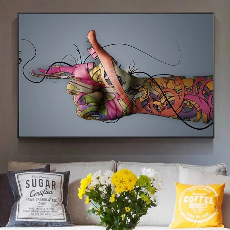 

Abstract Colourful Tattoo Hand Gun Gesture Canvas Painting On Wall Artwork Poster And Prints Decorative Picture For Living Room