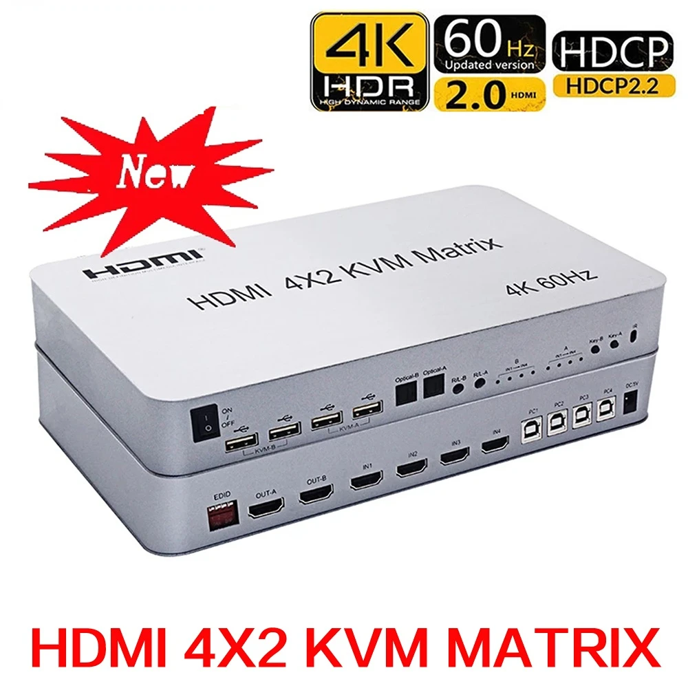 KVM-conmutador de matriz de 4 puertos, conmutador de doble Monitor, 4 puertos, HDMI, USB