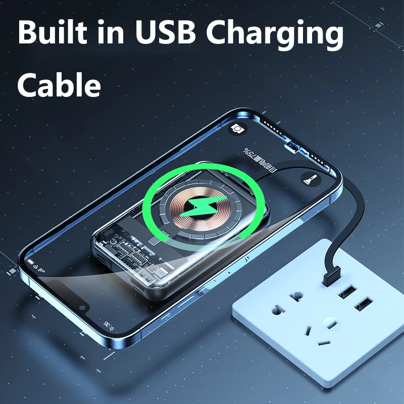 20000mAh Magnetic Qi Wireless Charger Transparent Power Bank for iPhone 14 13 12 Series Mini Powerbank for Samsung Huawei Xiaomi