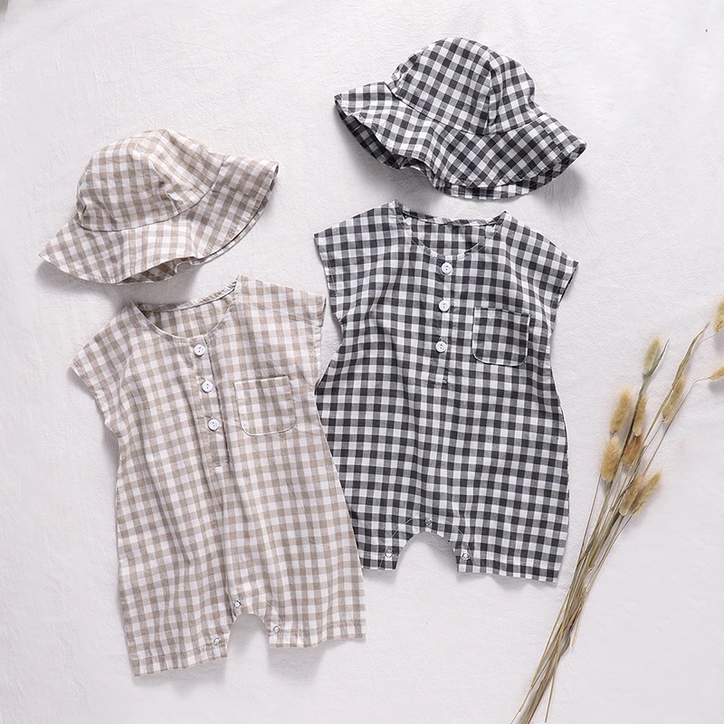 2022 New Summer Baby Plaid Jumpsuit Short Sleeve Tight Jumpsuit Climbing Suit + Hat Two-piece Newborn Work Suit