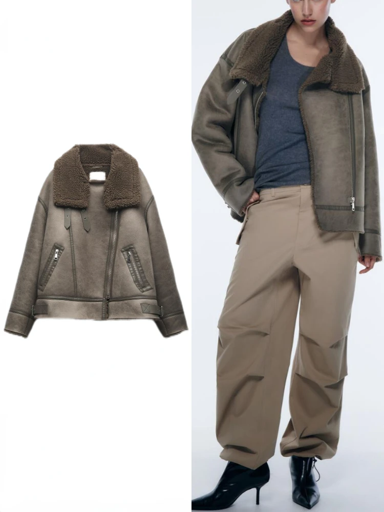 

ZBZA женская осенне-зимняя новая меховая интегрированная теплая куртка из искусственной овечьей шерсти, пальто с воротником-стойкой и длинными рукавами, утолщенная двусторонняя куртка, шикарная женская верхняя одежда