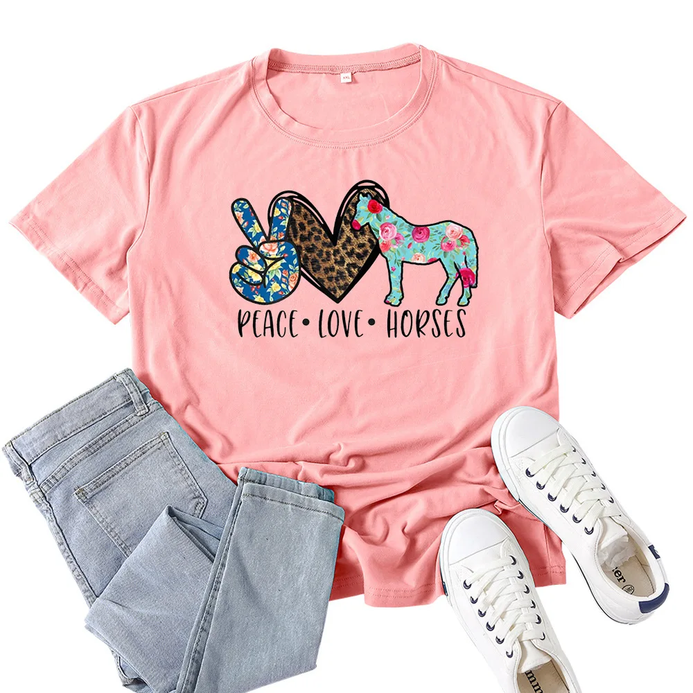 

Peace Love Horses Print T Shirt Women Short Sleeve O Neck Loose Tshirt Summer Women Tee Shirt Tops Clothes Camisetas Mujer