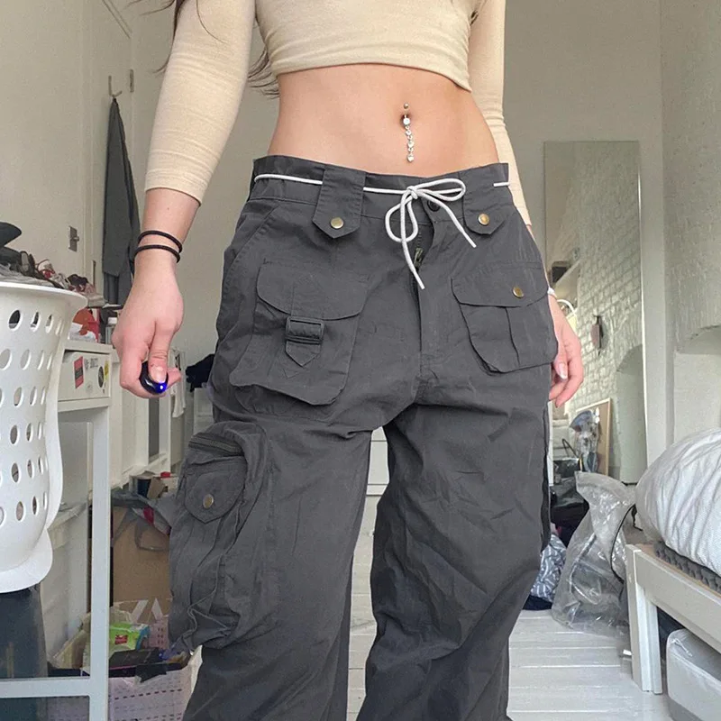 

Straight Cargo Denim Pants 2022 New Y2k Women Streetwear Jeans Cotton Vintage Low Rise Patchwork Pockets Summer New Denim Ladies