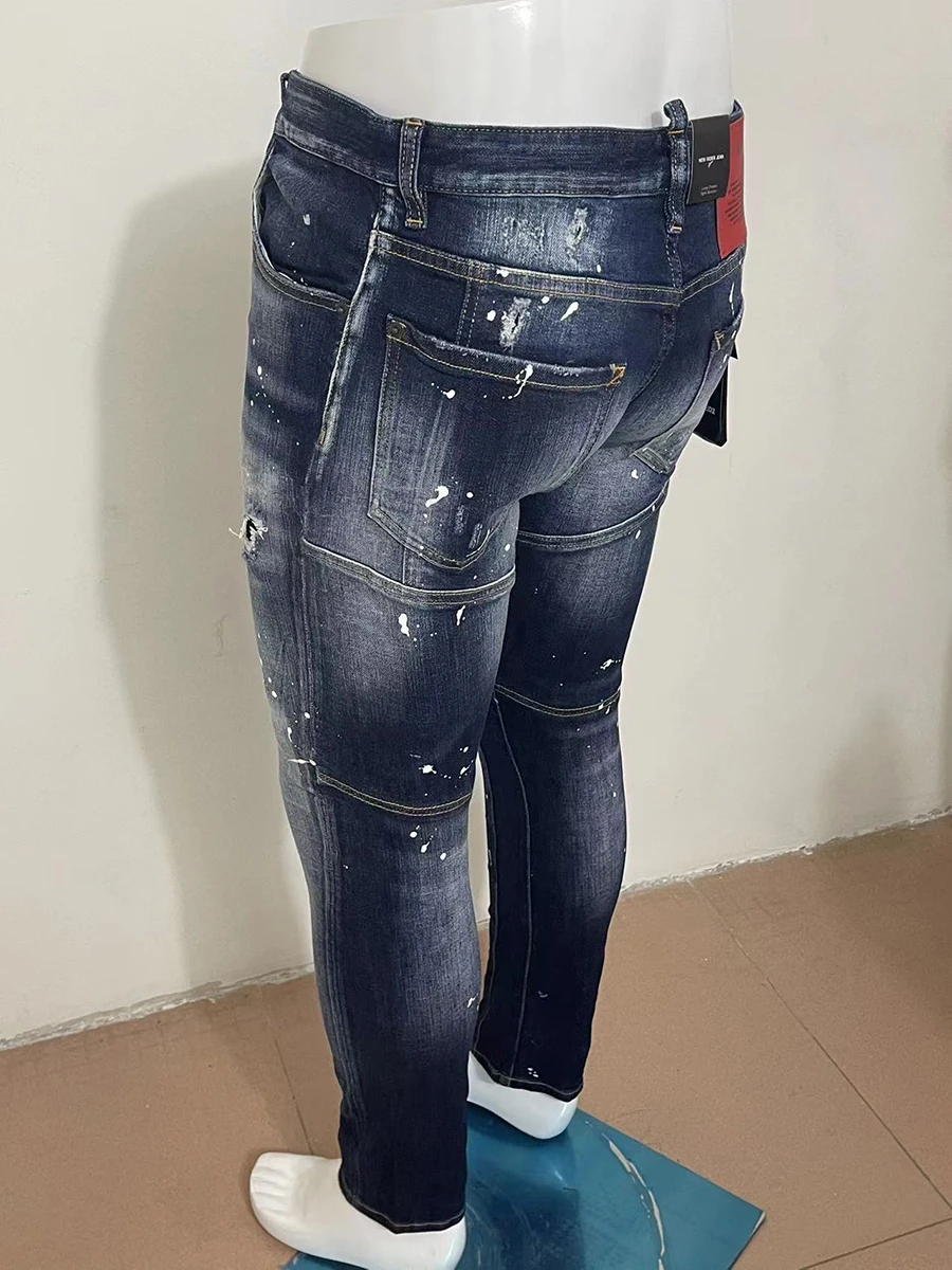 2023 spring and autumn new jeans D2 jeans three-dimensional cutting slim casual wash blue micro bullet patch