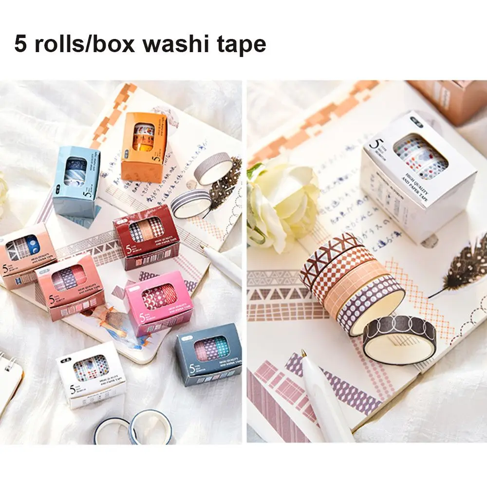 

5Rolls/Box Creative Washi Tape Masking Tape Set Basic Pattern DIY Scrapbooking Diary Journal Decorative Adhesive Accessories