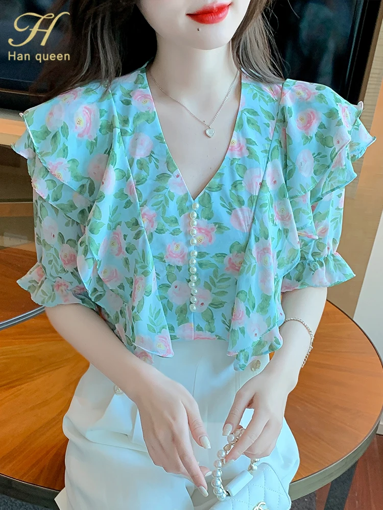 

H Han Queen Hot Sales Summer Office Womens Blouses Print Ruffles Vintage Casual Chiffon Blouse Elegant Short Sleeve Loose Shirts