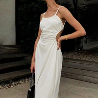 women open back dress ruched satin summer dress drawstring spaghetti straps slash neck hollow out backless party long dresses