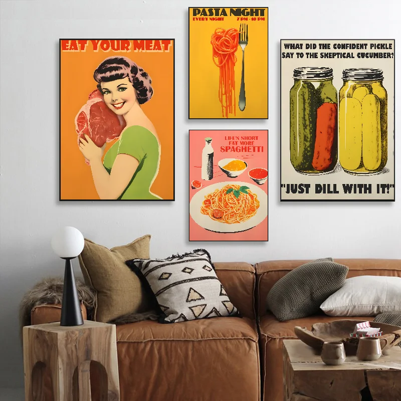 Vintage Food Croissant Pasta Meat Poster Self-adhesive Art Waterproof Paper Sticker Coffee House Bar Room Wall Decor