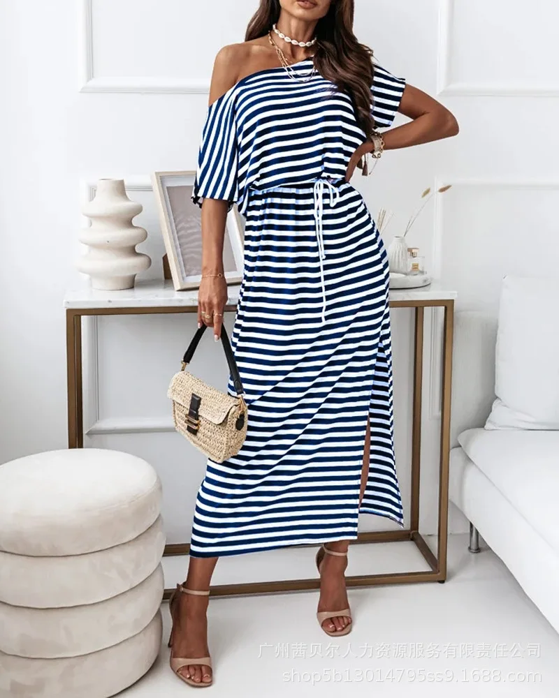

2022 New Fashion Female Stripe Slit Long Dress Women Summer Lace Midi Dresses