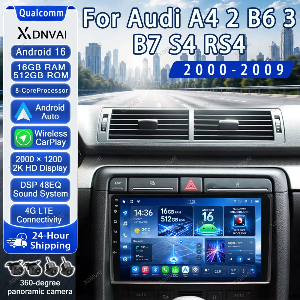 Фото Автомагнитола Android 16 для Audi A4 B6 B7 S4 RS4 8E 8H 2000-2009 с Qualcomm Snapdragon, беспроводным CarPlay, Android Auto, DSP и 4G LTE №1